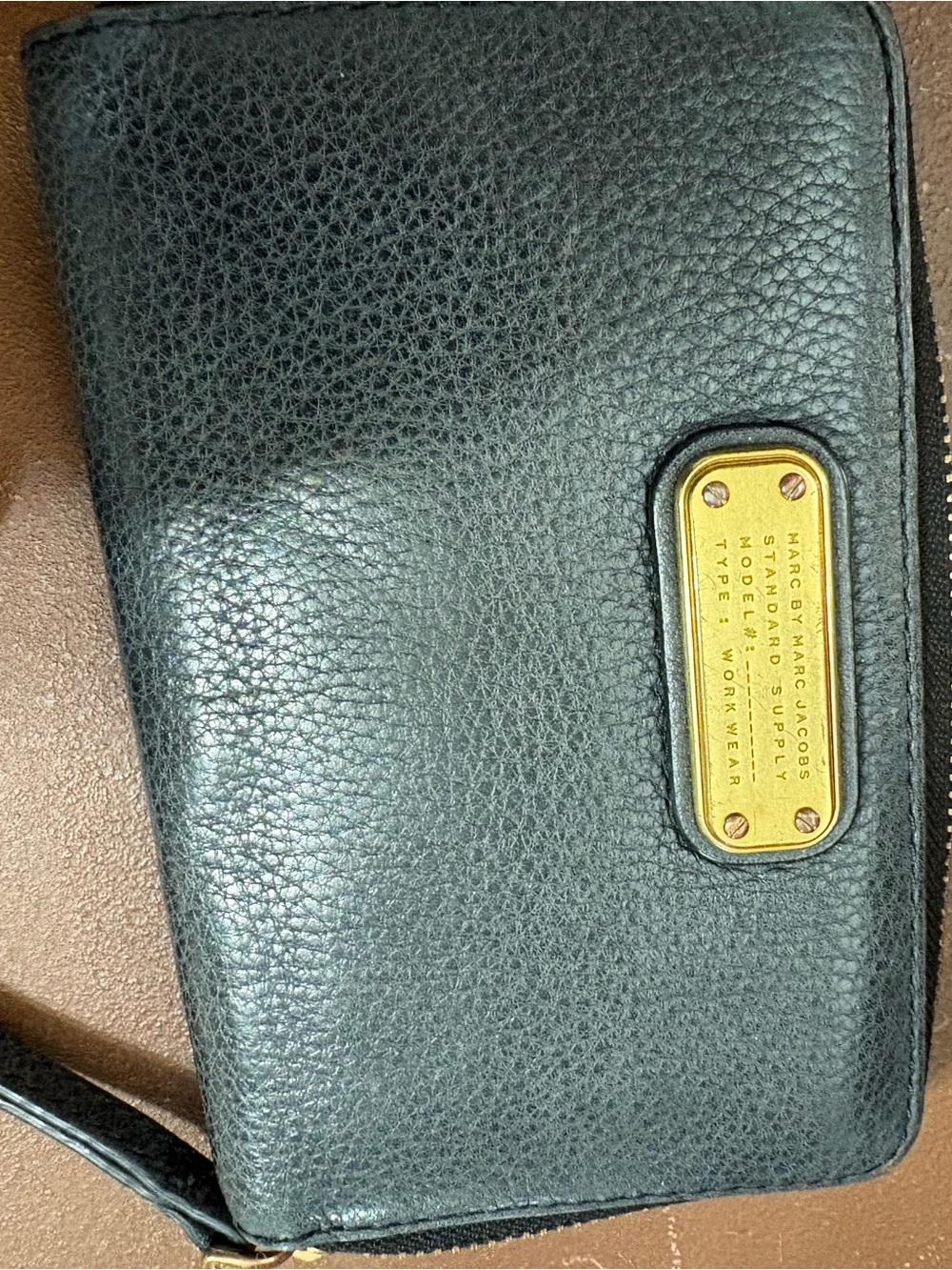 Marc by Marc Jacobs Black Pebbled Leather Zip Wristlet with Gold Plaque
